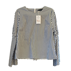 Walter Baker Navy + White Striped Top Long Sleeves Bell Sleeves Ruffle Sleeves L